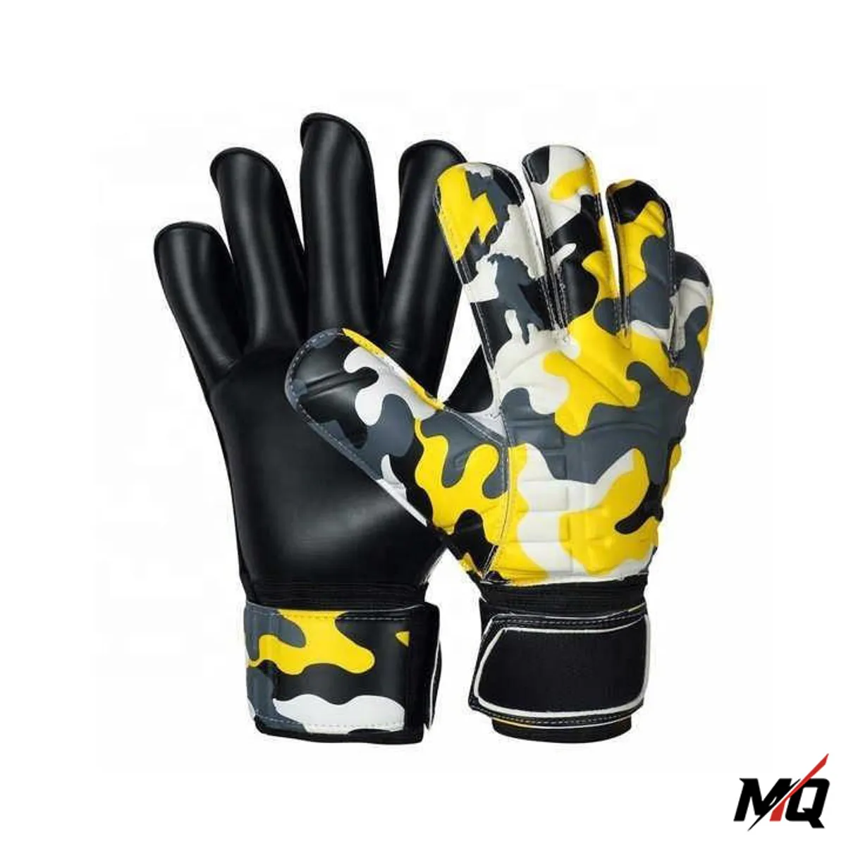 Yellow black grey camo goalkeeper gloves pair, palm and back view.