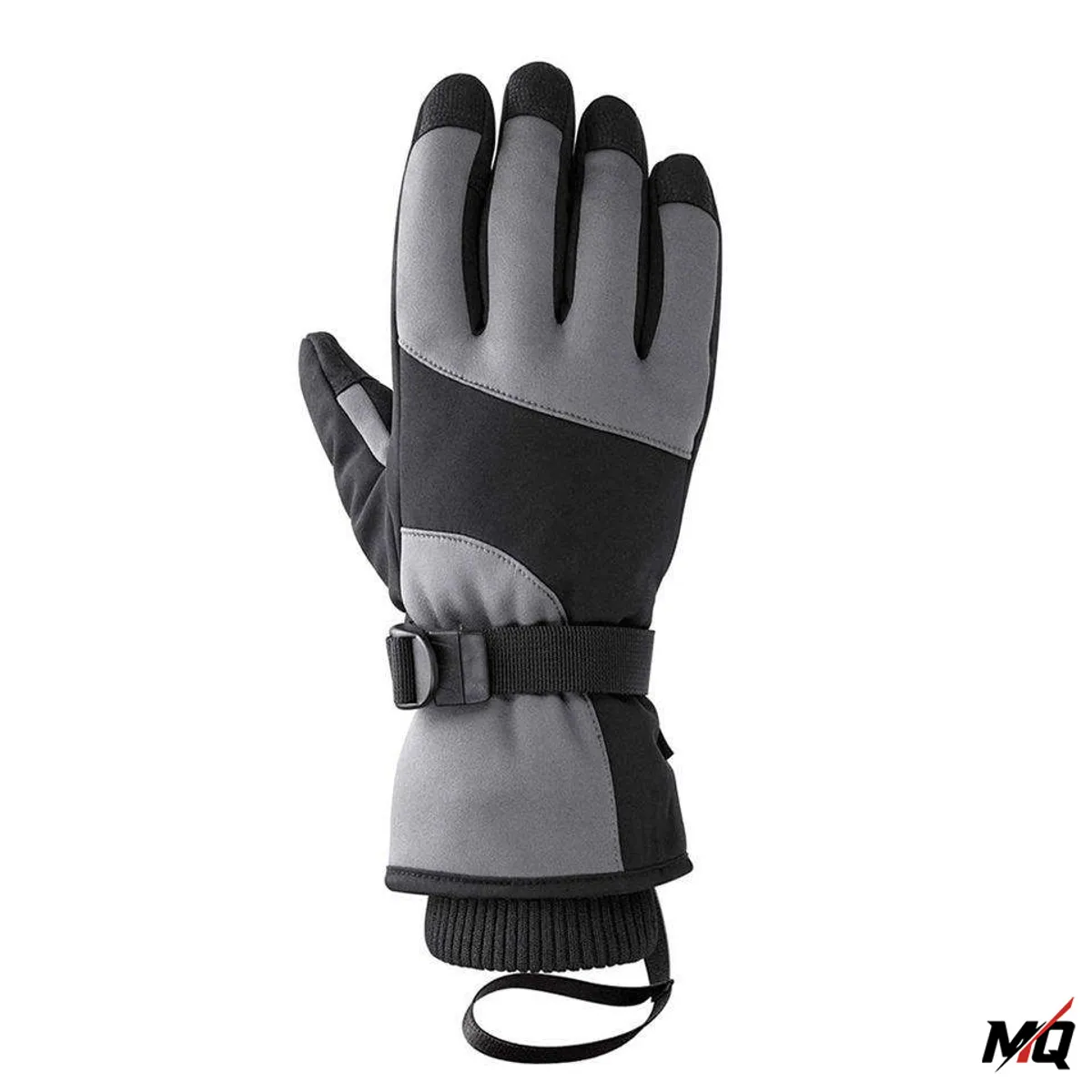 Grey and black Malqor split leather ski glove, palm view with touchscreen fingertips.